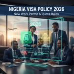 Professional corporate team in a modern office reviewing digital compliance icons for the Nigeria Visa Policy 2026.