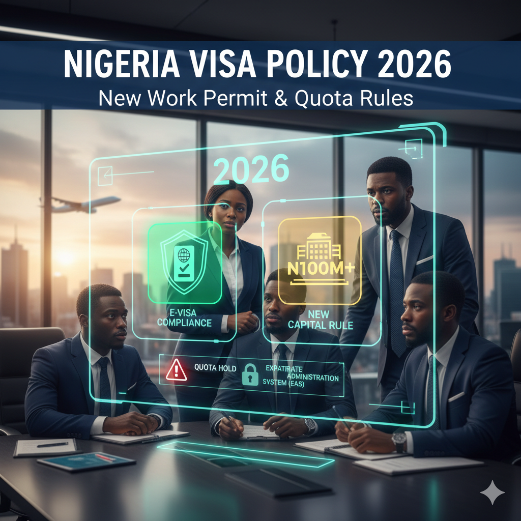 Professional corporate team in a modern office reviewing digital compliance icons for the Nigeria Visa Policy 2026.