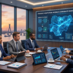 A corporate boardroom meeting in Lagos focusing on corporate immigration in Nigeria, featuring executives looking at a digital dashboard that displays automated compliance data, quota maps