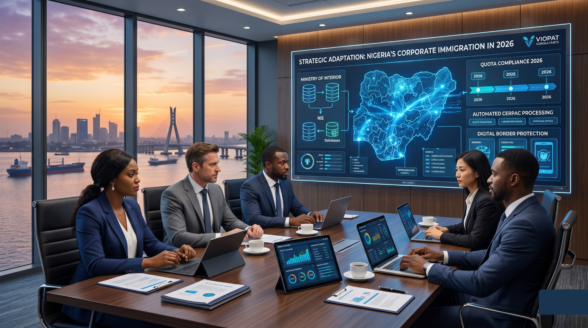 corporate-immigration-nigeria-digital-shift A corporate boardroom meeting in Lagos focusing on corporate immigration in Nigeria, featuring executives looking at a digital dashboard that displays automated compliance data, quota maps
